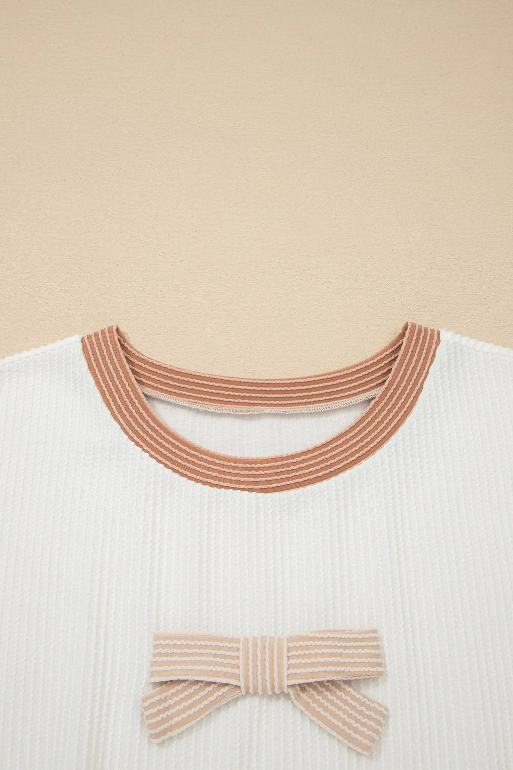 Bowknot Applique Ribbed Top: Beige / Plus /1X-4X/