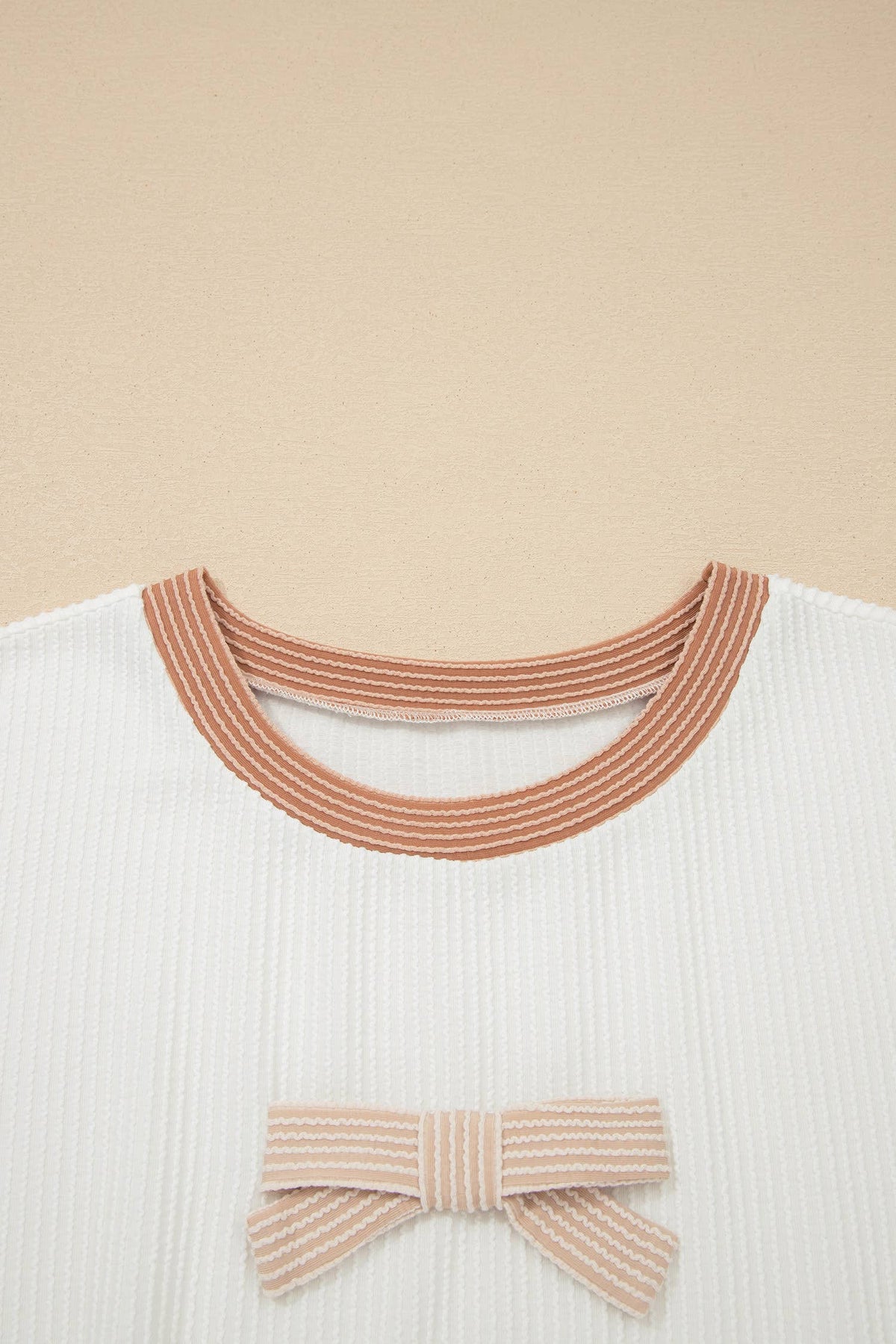 Bowknot Applique Ribbed Top: Beige / Plus /1X-4X/