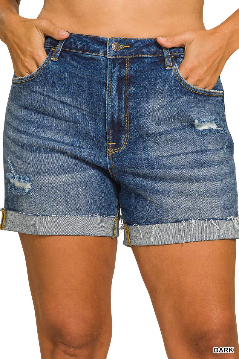 Plus Distressed Cuffed Raw Hem Denim Shorts Zenana: +DARK / Sizes 1X-3X