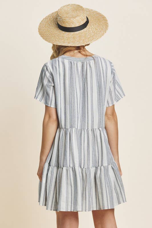 Stripe Printed Tiered Mini Dress Yarn Dye: Navy-White