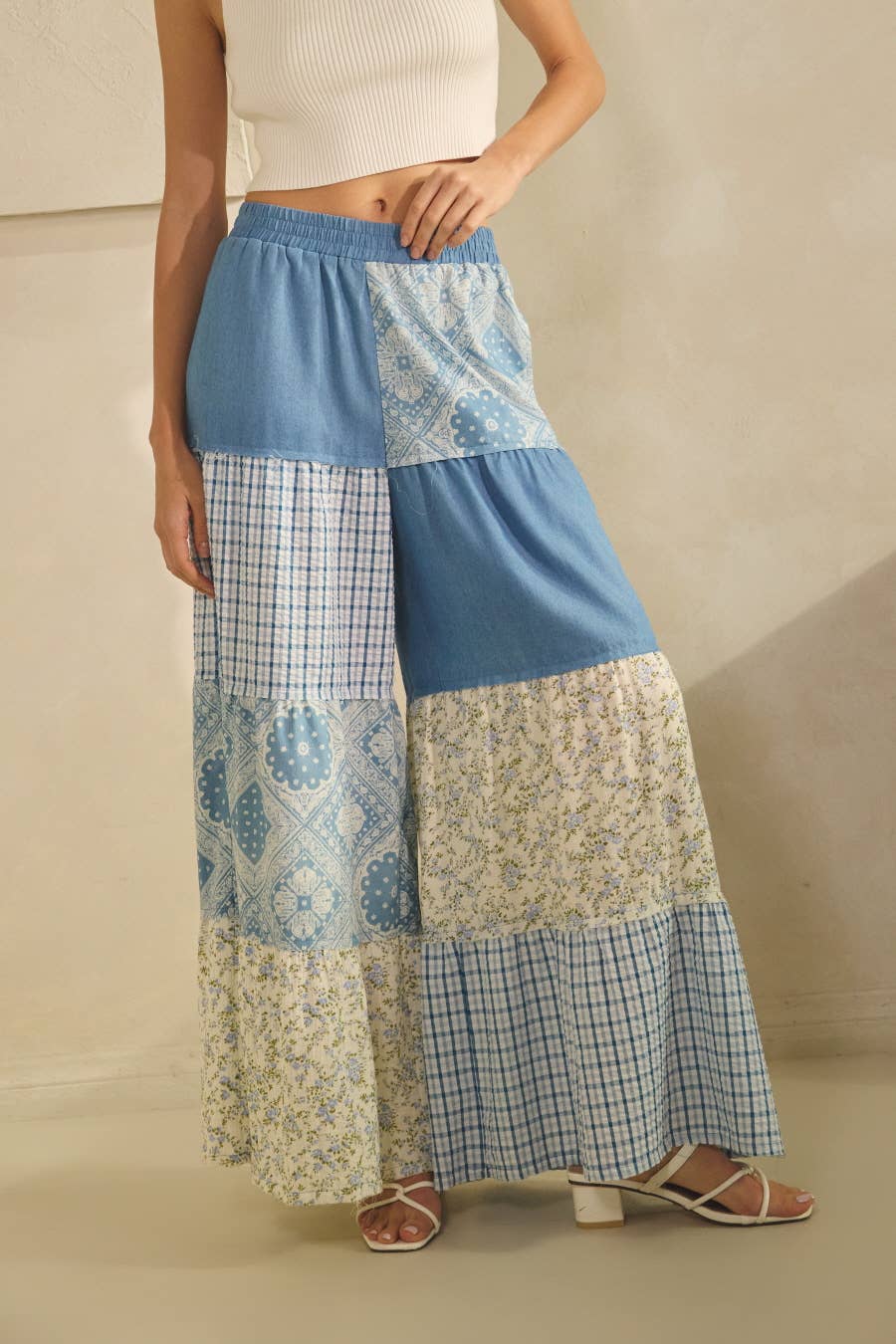 Oddi Elastic Waist Boho Patchwork Maxi Pants: Washed Denim / S-3X!