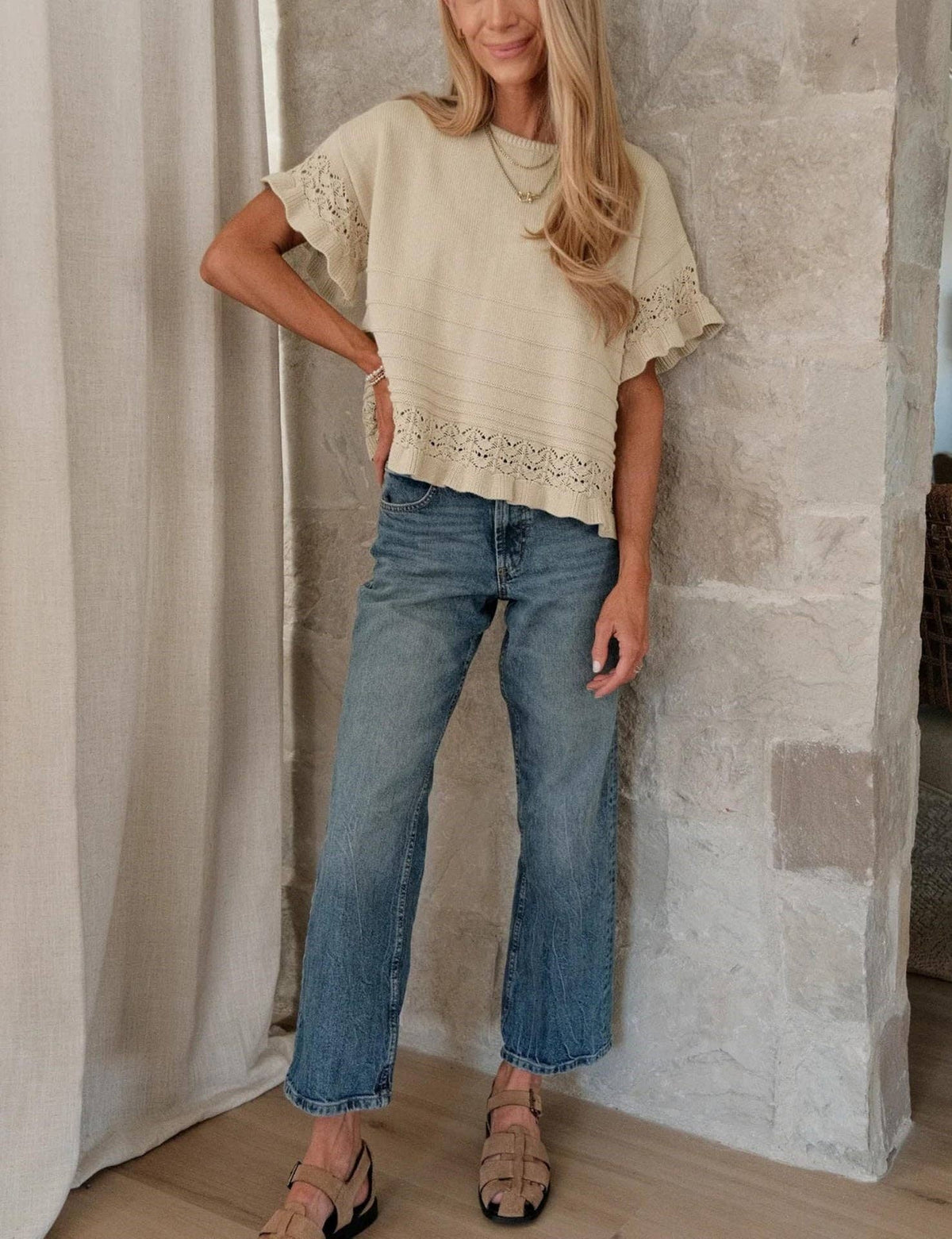 Boho Solid Knit Top Sweater Casual Eyelet Ruffle Sleeve: Olive Green or Khaki: Small - XL