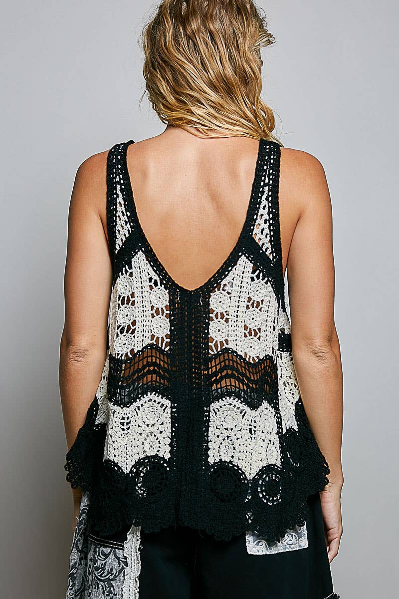POL Scalloped Crochet V-Neck Sleeveless Top: BLACK MULTI / One Size