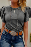 Dark Gray Layered Ruffle Short Sleeve Round Neck Top: S-L