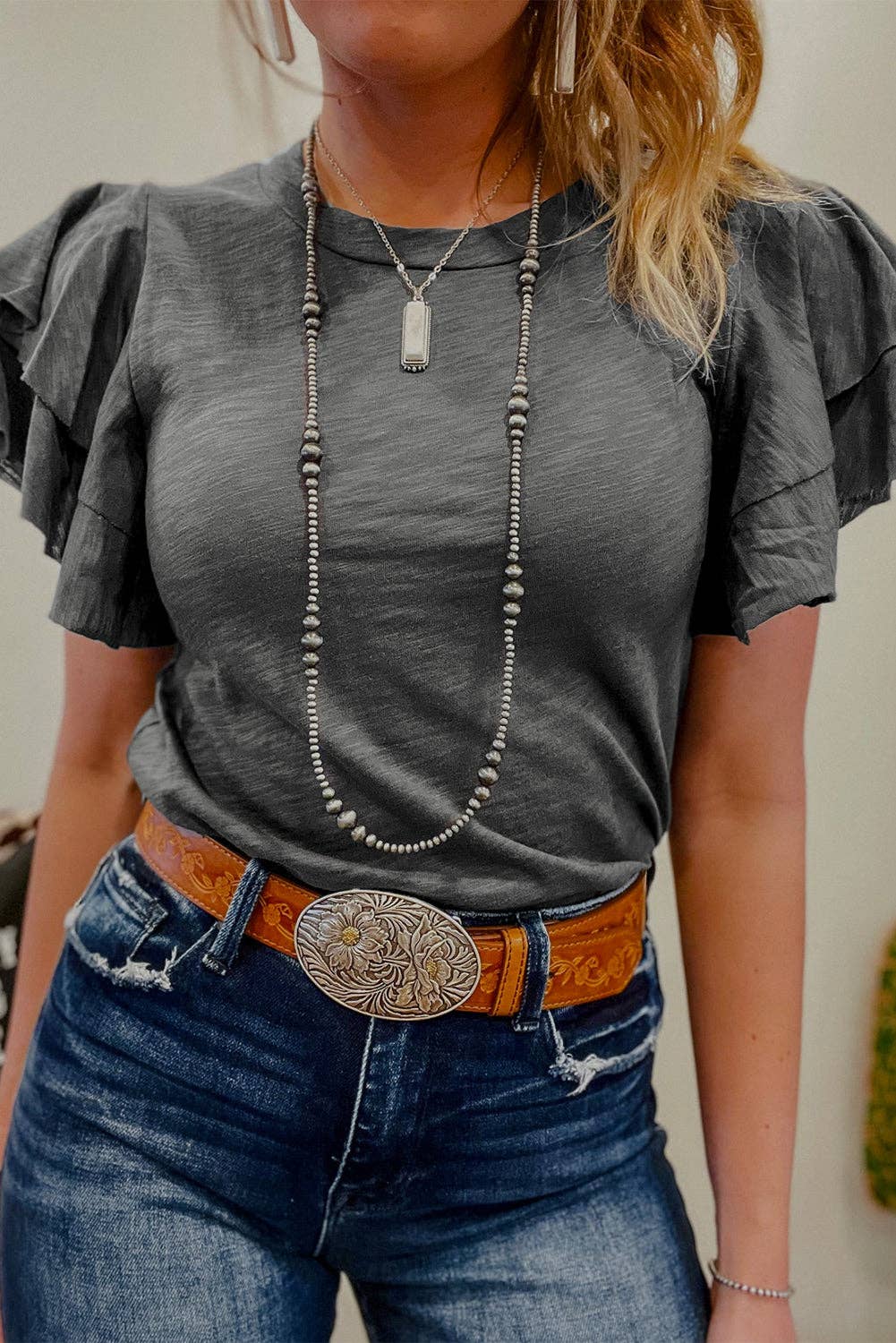 Dark Gray Layered Ruffle Short Sleeve Round Neck Top: S-L