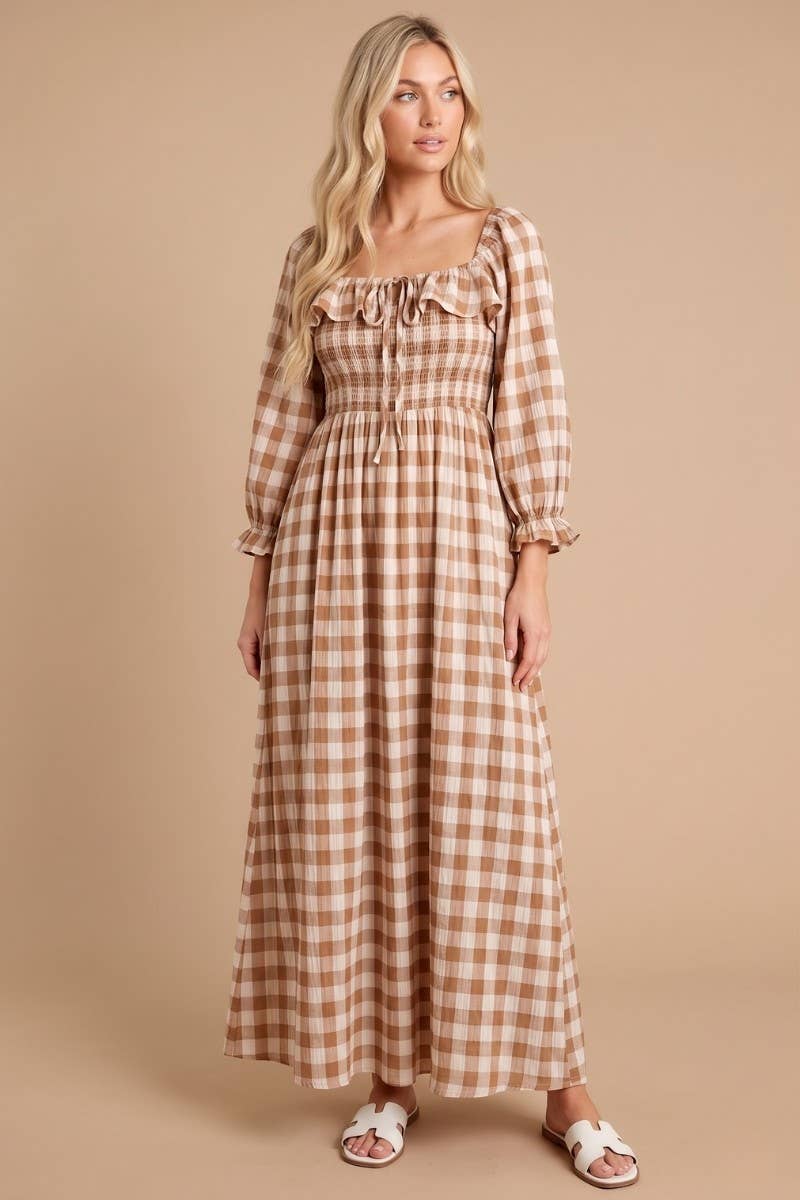 Cottage Gingham Smocked Maxi: Brown / Checkered - Small - Large
