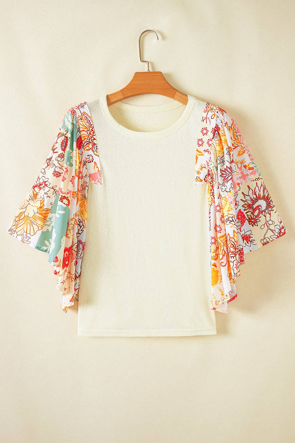 Beige Boho Floral Patchwork Half Batwing Sleeve Blouse