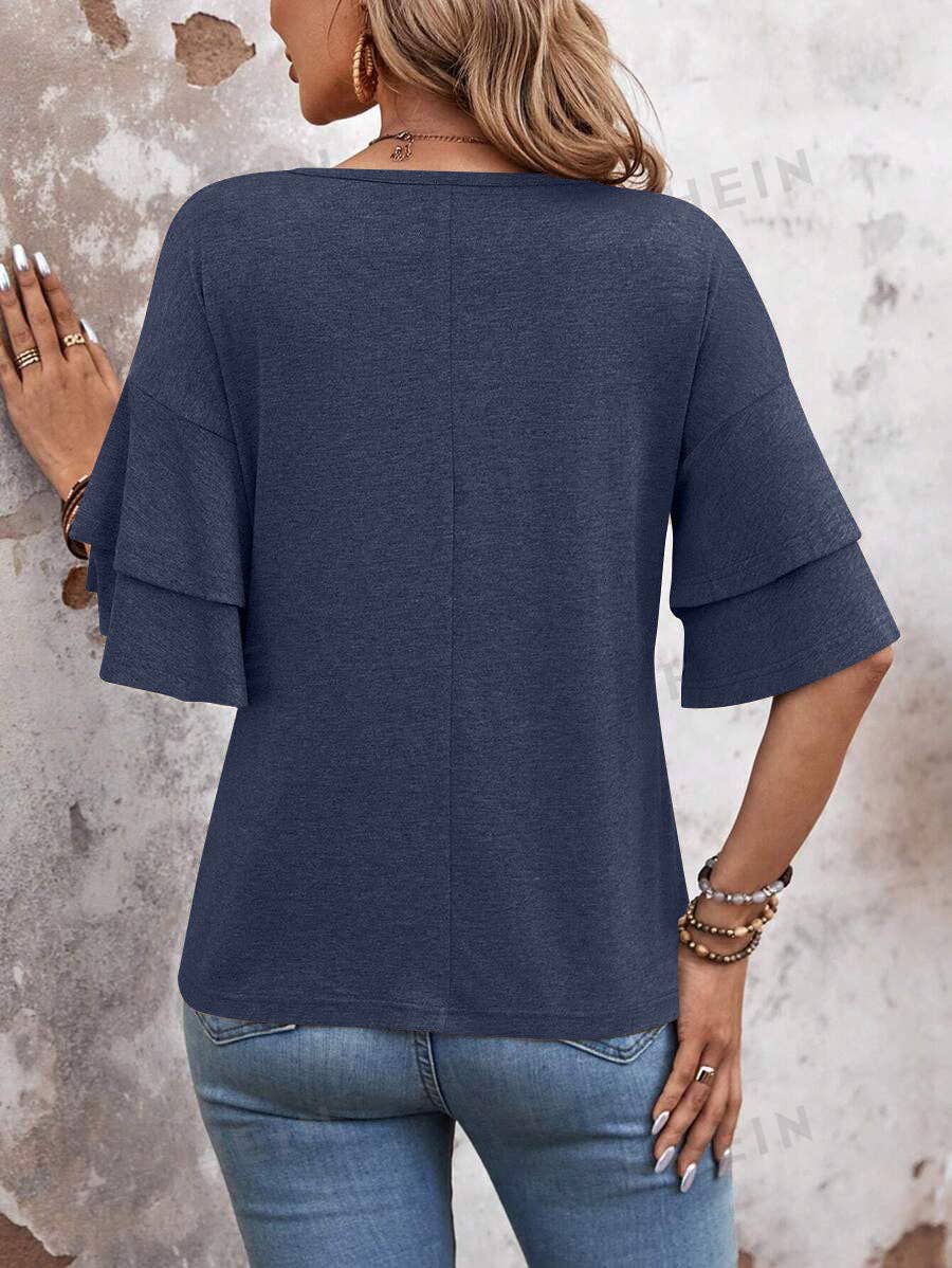 V Neck Ruffle Sleeve Loose Fit Women’s Top: Black/Navy/Tan: Sizes Small - 2X