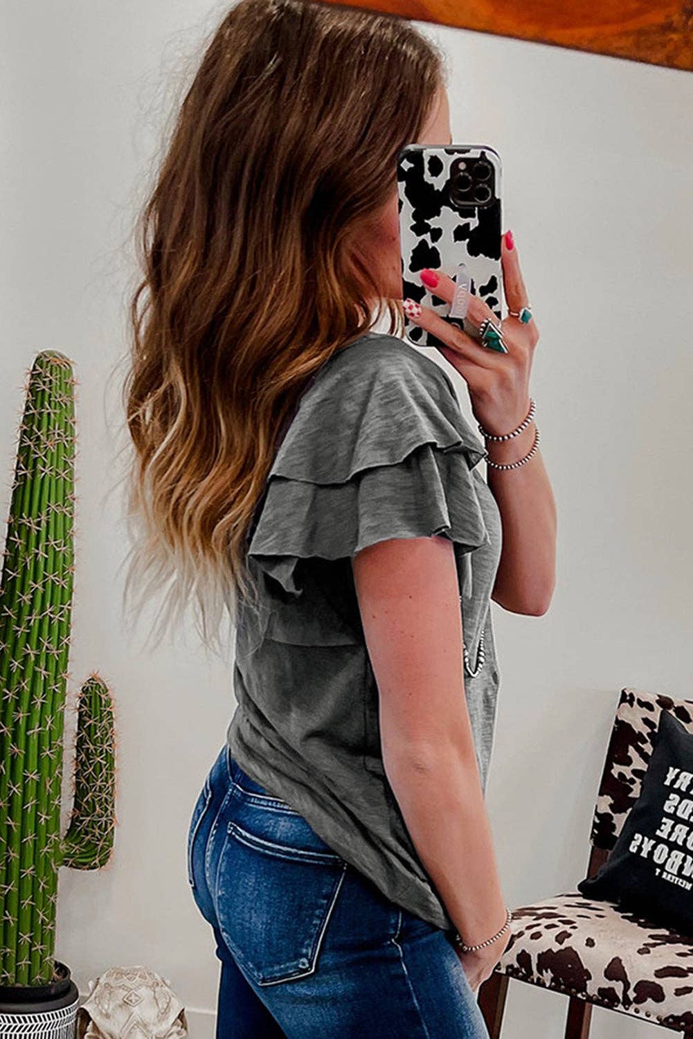 Dark Gray Layered Ruffle Short Sleeve Round Neck Top: S-L