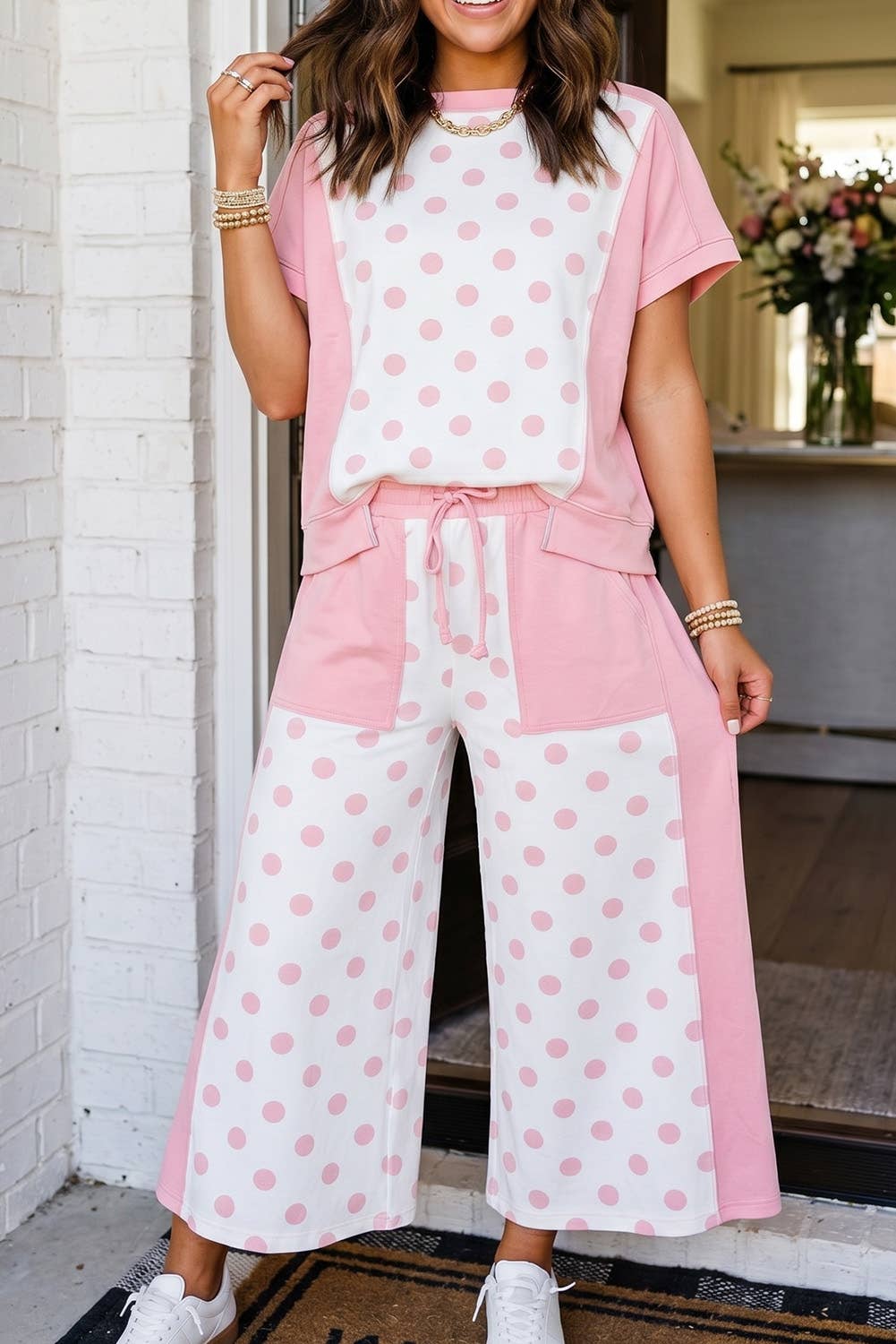 Pants Set - French Terry Feel - Contrasting Pink and White Polka Dot w/Drawstring Pants / S- XL