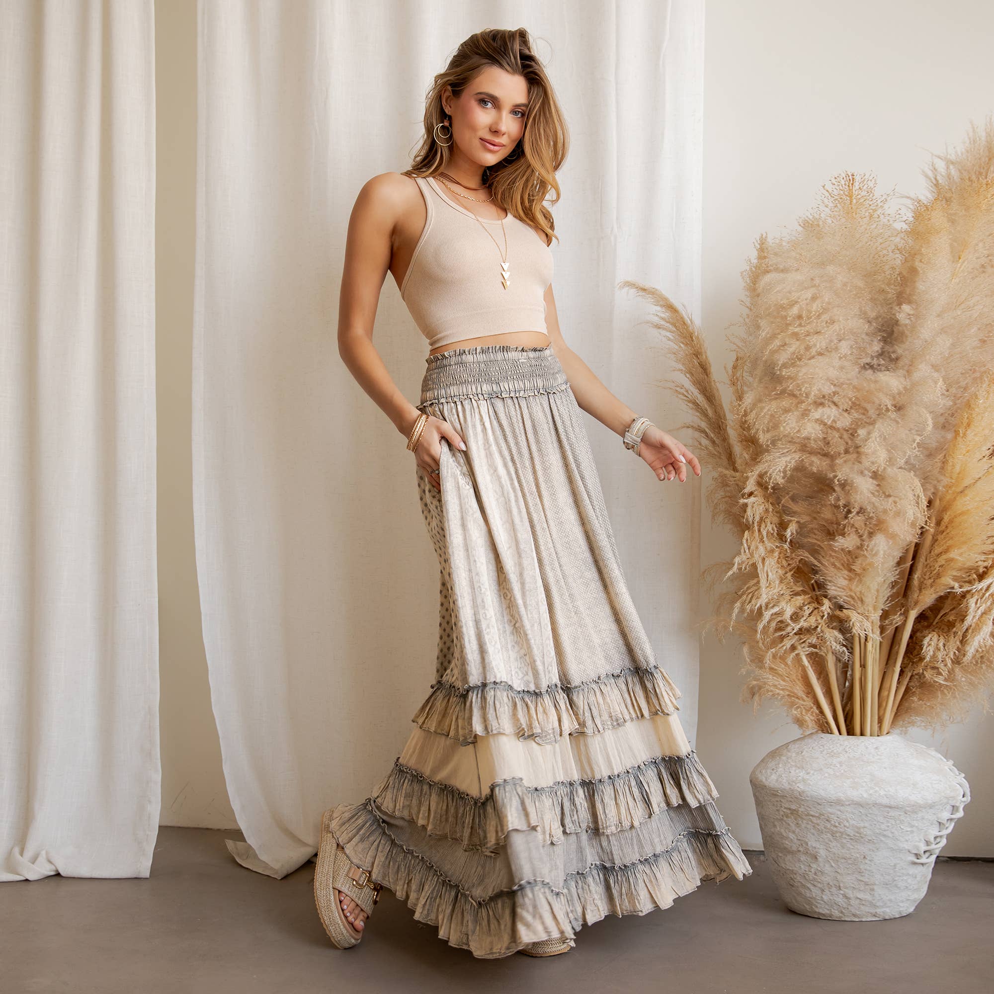 Young Threads: Rustic Textured Smocked Waist Ruffled Tiered Maxi Skirt: Gray / Small - 3X