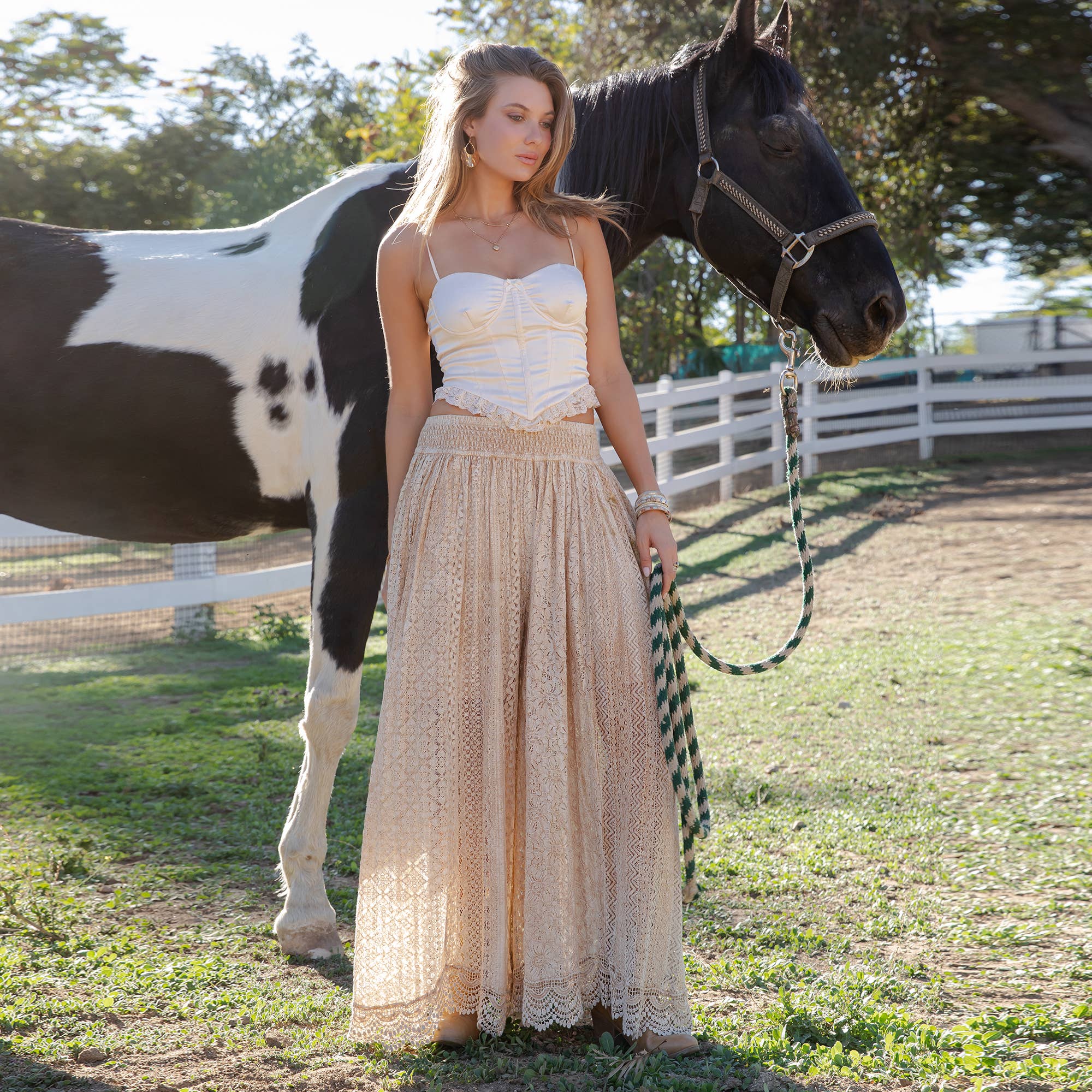Young Threads - Desert Dream Boho Wide Leg All Lace Pants: LATTE / Sizes Small - XL