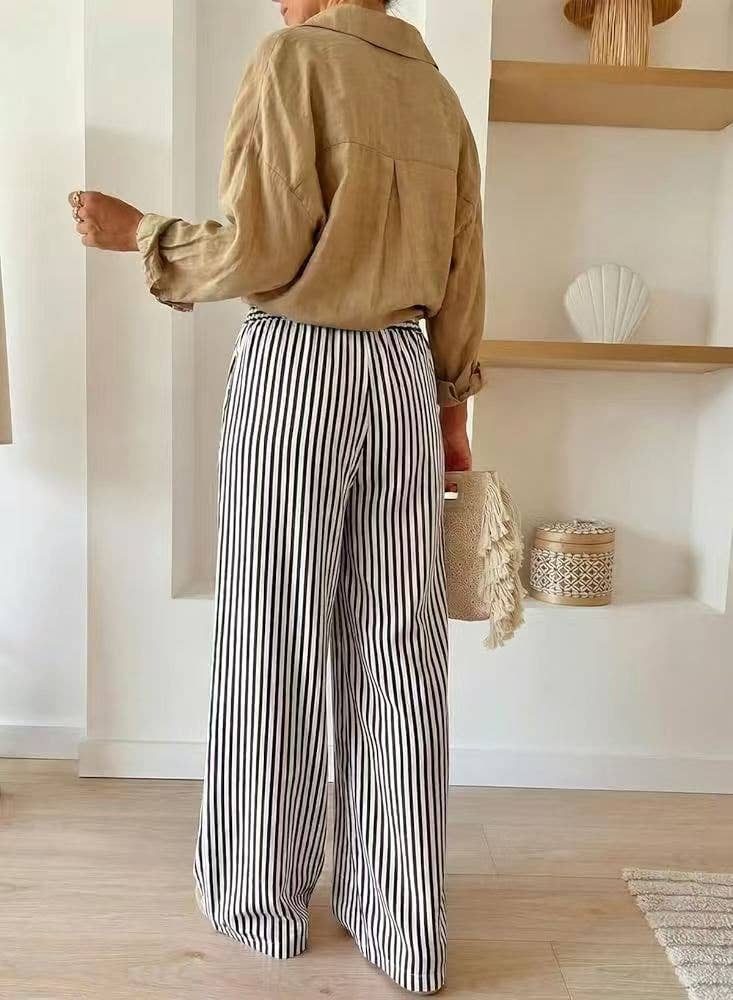 Striped Wide Leg Pants Casual Boho : Charcoal/Heathered White