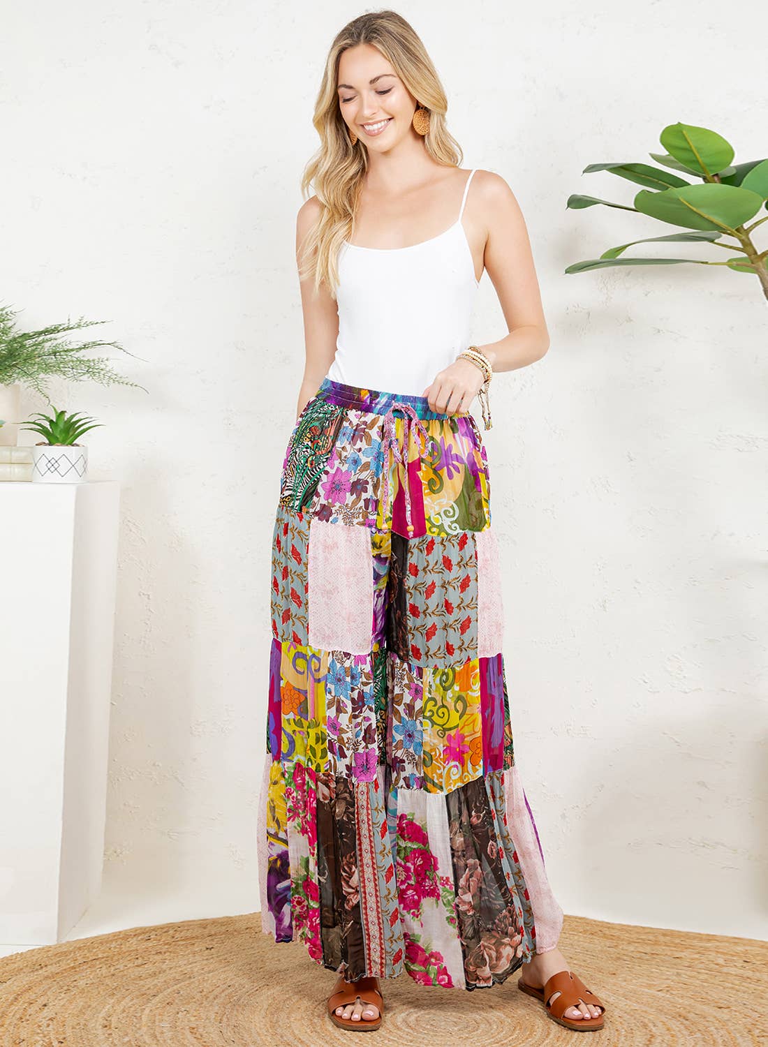Young Threads Retro Revival Long Flared Patchwork Pants: Floral / Sizes Small - XL