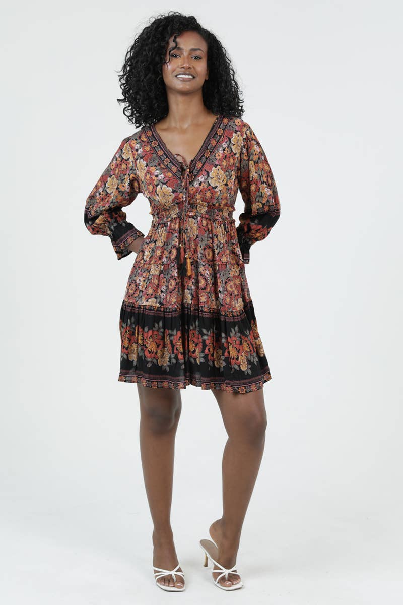 Autumn Wanderer Boho Floral Long Sleeve Dress Sizes Sm-Lg