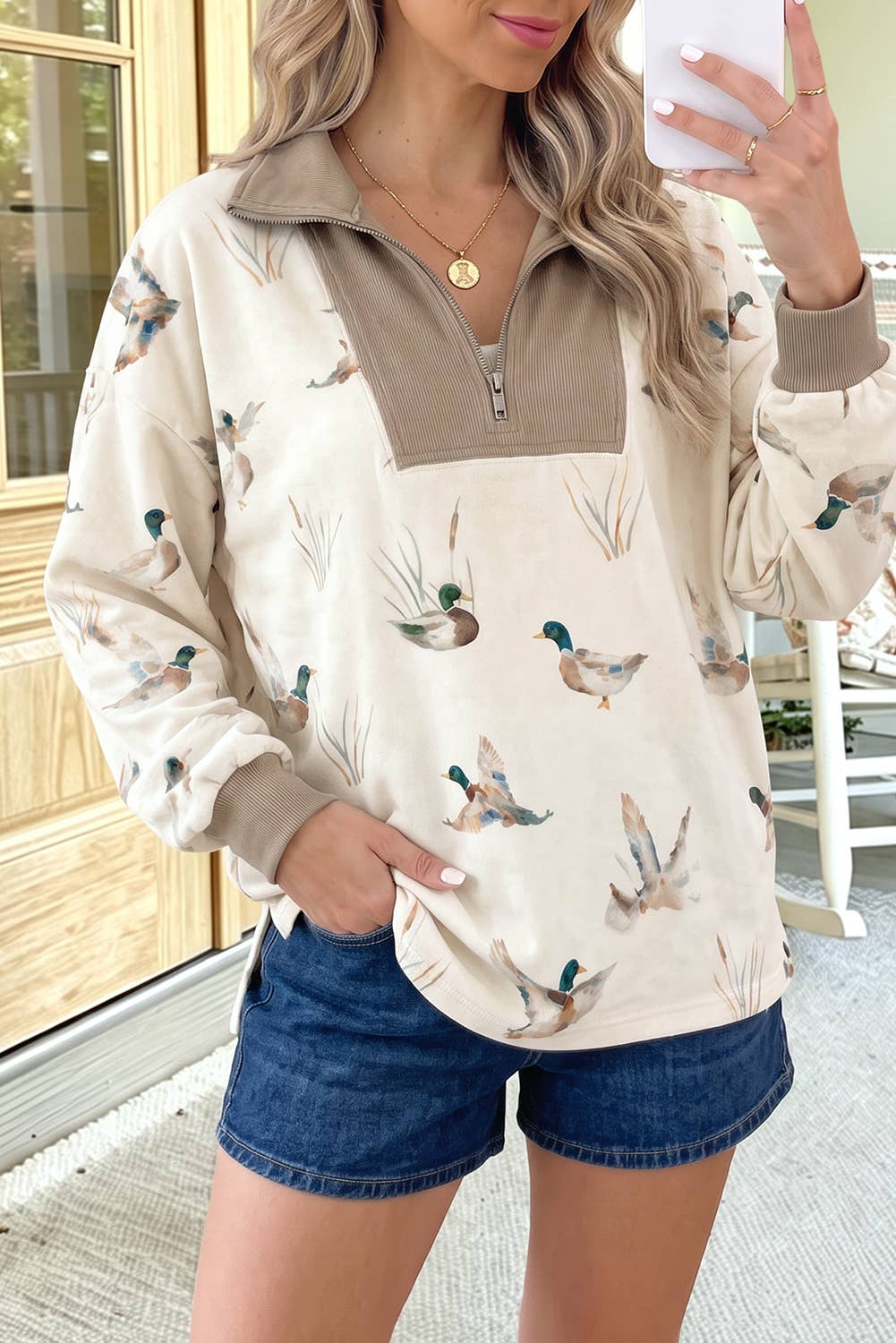 Mallard Print Color Block Quarter 1/4 Zip Contrast Neck French Terry (S-XL)