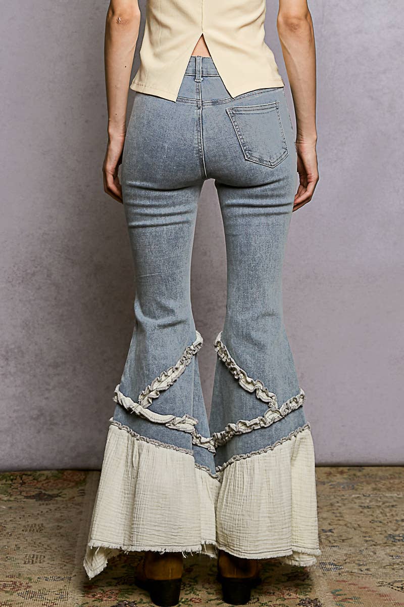 POL Vintage Solid Double Gauze Ruffle Pants: DENIM