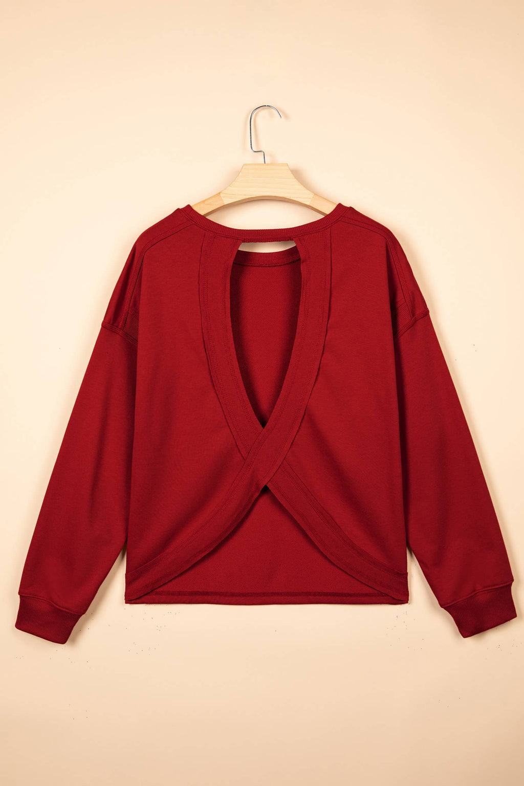 Ribbed Detail Drop Shoulder Cutout Back Sweatshirt: Racing Red