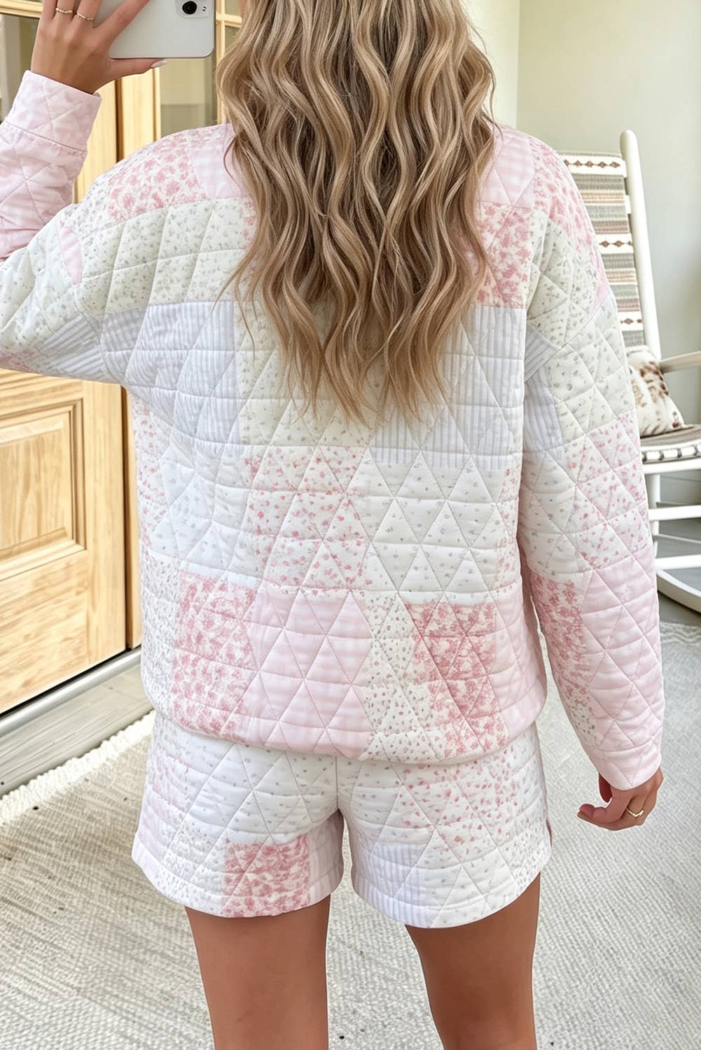 Floral Quilted Long Sleeve Two Piece Set with Shorts S-XL