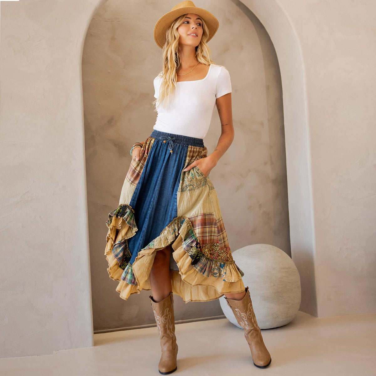 Young Threads: Western Boho Chic: Patchwork Midi Skirt : DENIM / Sizes Small - XL