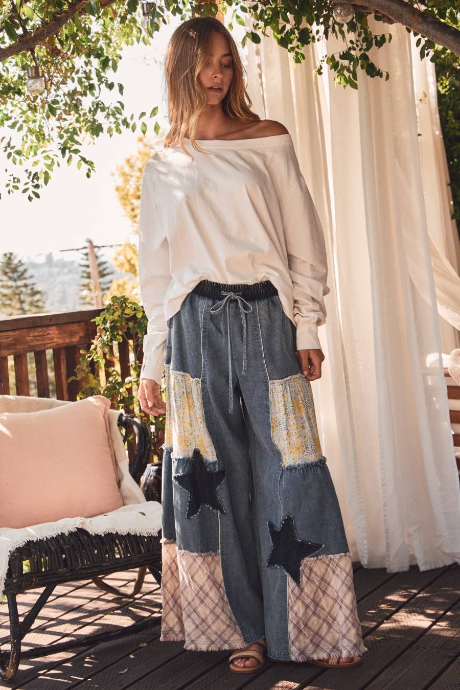 Mixed Fabric Patchwork Wide Leg Pants: WASHED DENIM