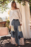 Mixed Fabric Patchwork Wide Leg Pants: WASHED DENIM