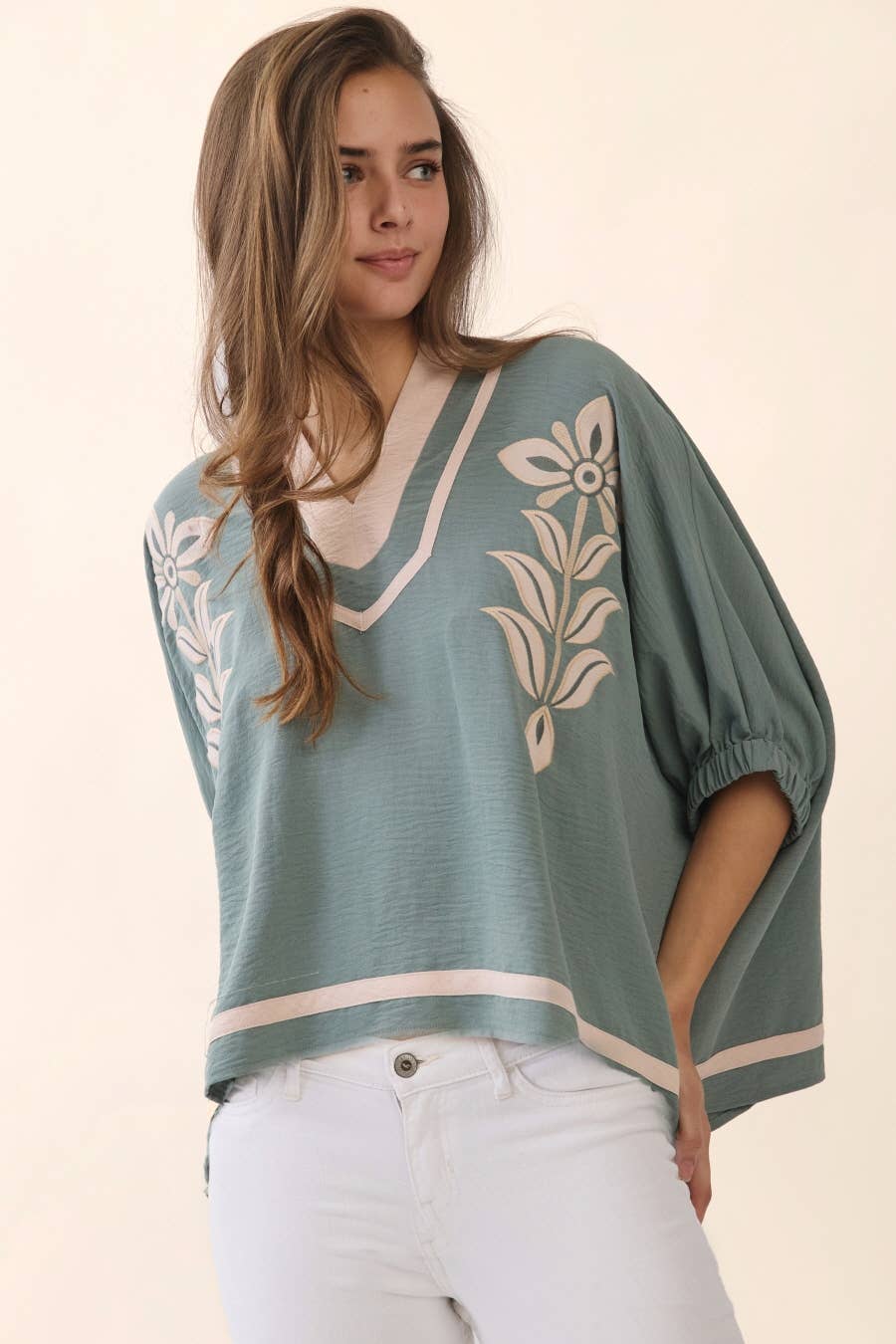 Plus Contrast Floral Embroidered  Top: DUSTY MINT /