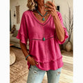 Boho Eyelet Trim V Neck Ruffle Sleeve Blouse: Fuchsia - Sizes Small - 2X