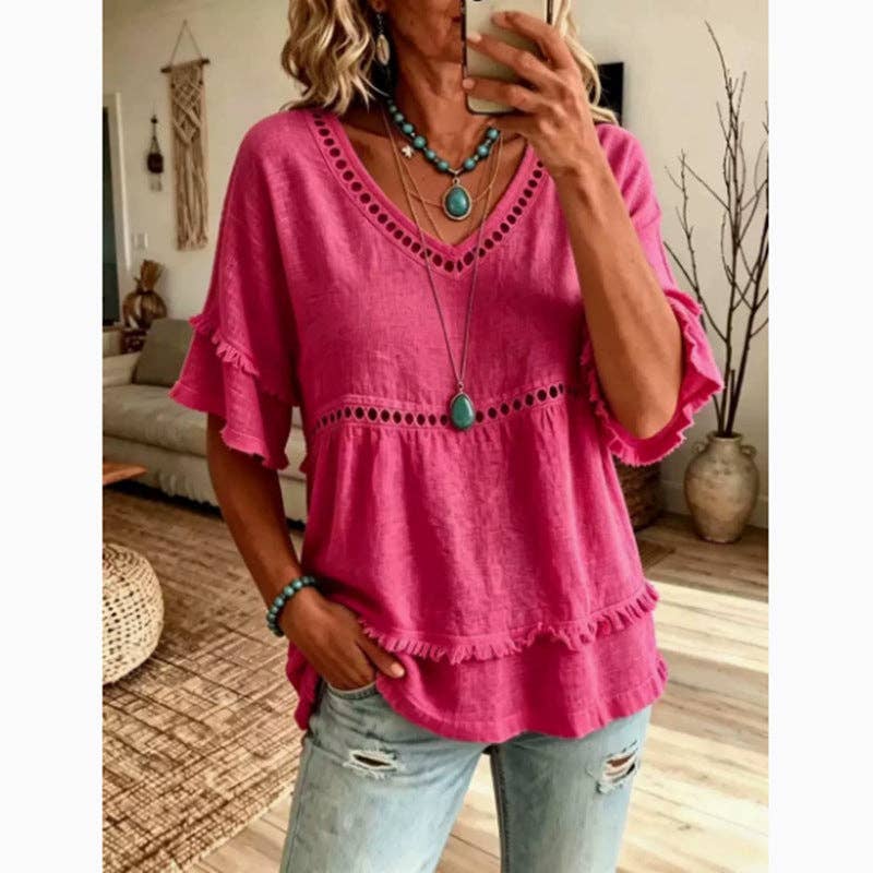 Boho Eyelet Trim V Neck Ruffle Sleeve Blouse: Fuchsia - Sizes Small - 2X