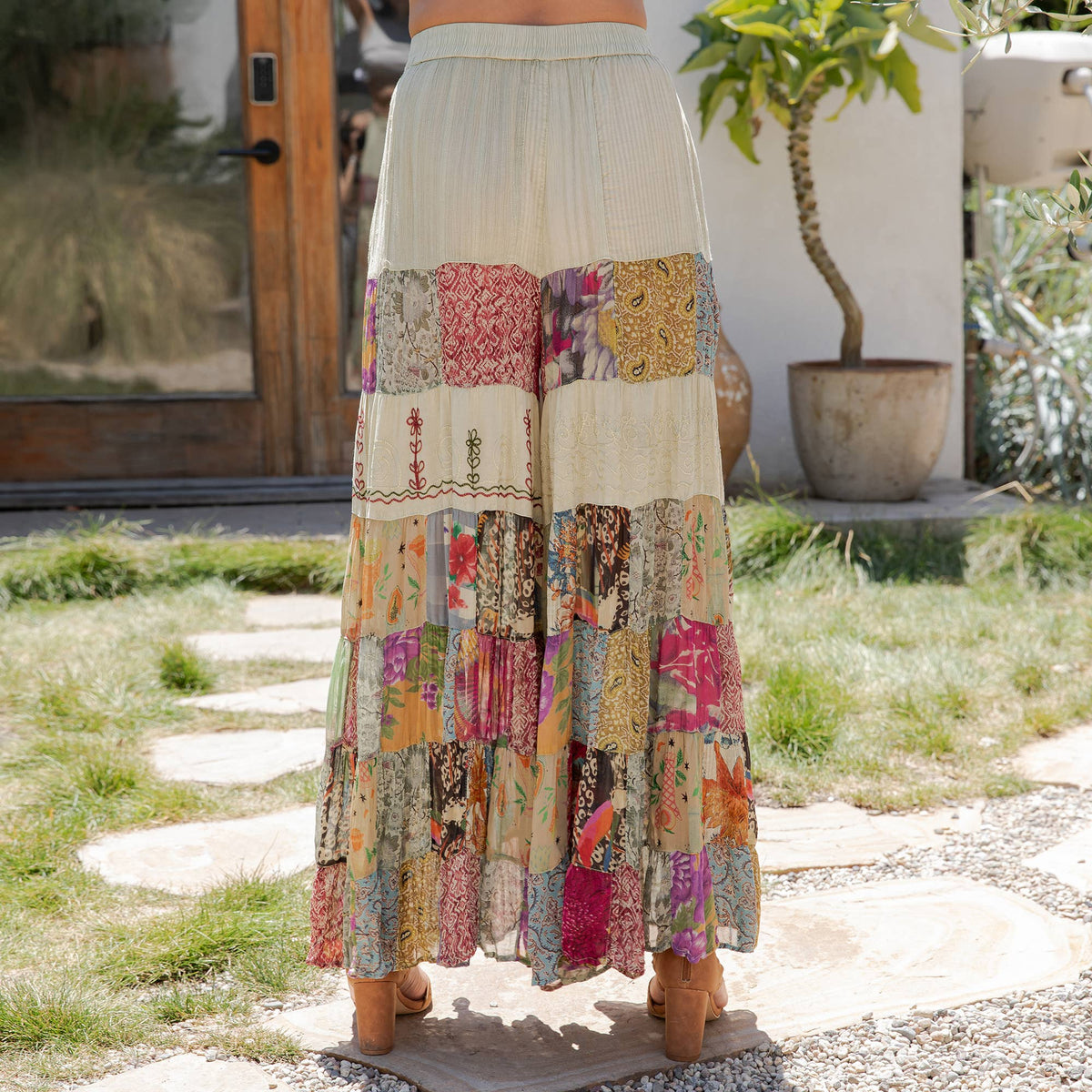 Young Threads - Boho Artisan Tiered Patchwork Wide-Leg Pants: Moss - Sizes Small - XL