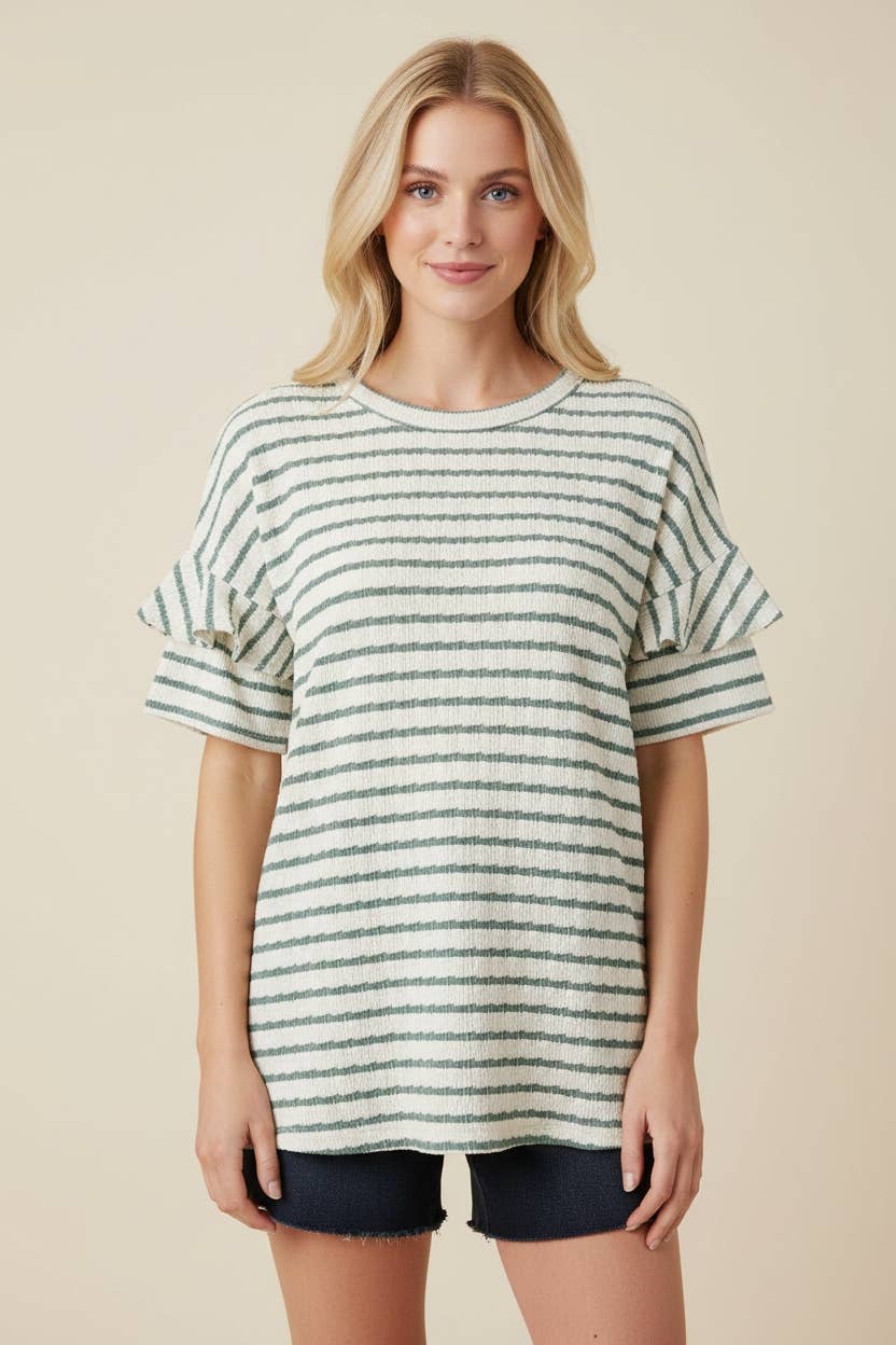 Ruffle Sleeve Jacquard Stripe Relaxed Silhouette Knit Top: CREAM/SAGE - Small-3X