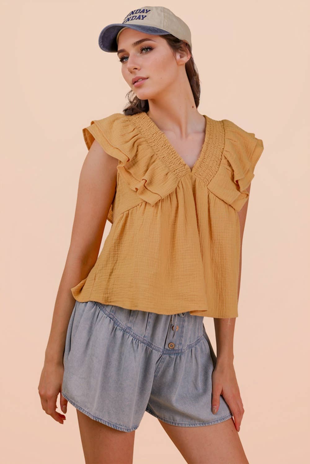 NT12130-Smocking Detail Ruffle Sleeve Cotton Gauze Top: PINK / S-M-L/