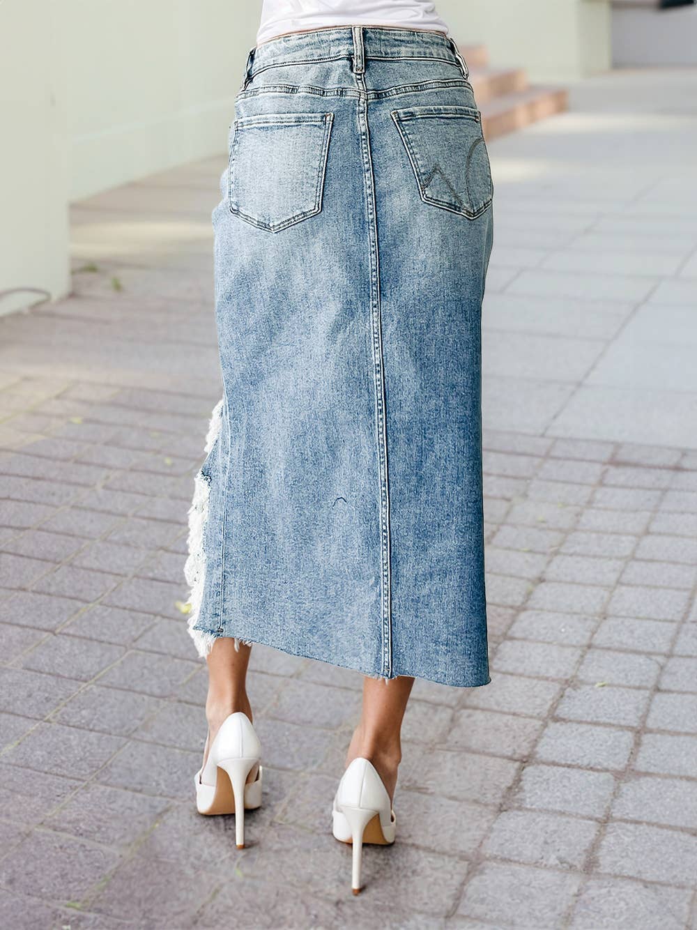 Distressed Bottom Denim Midi Skirt / Small - XL
