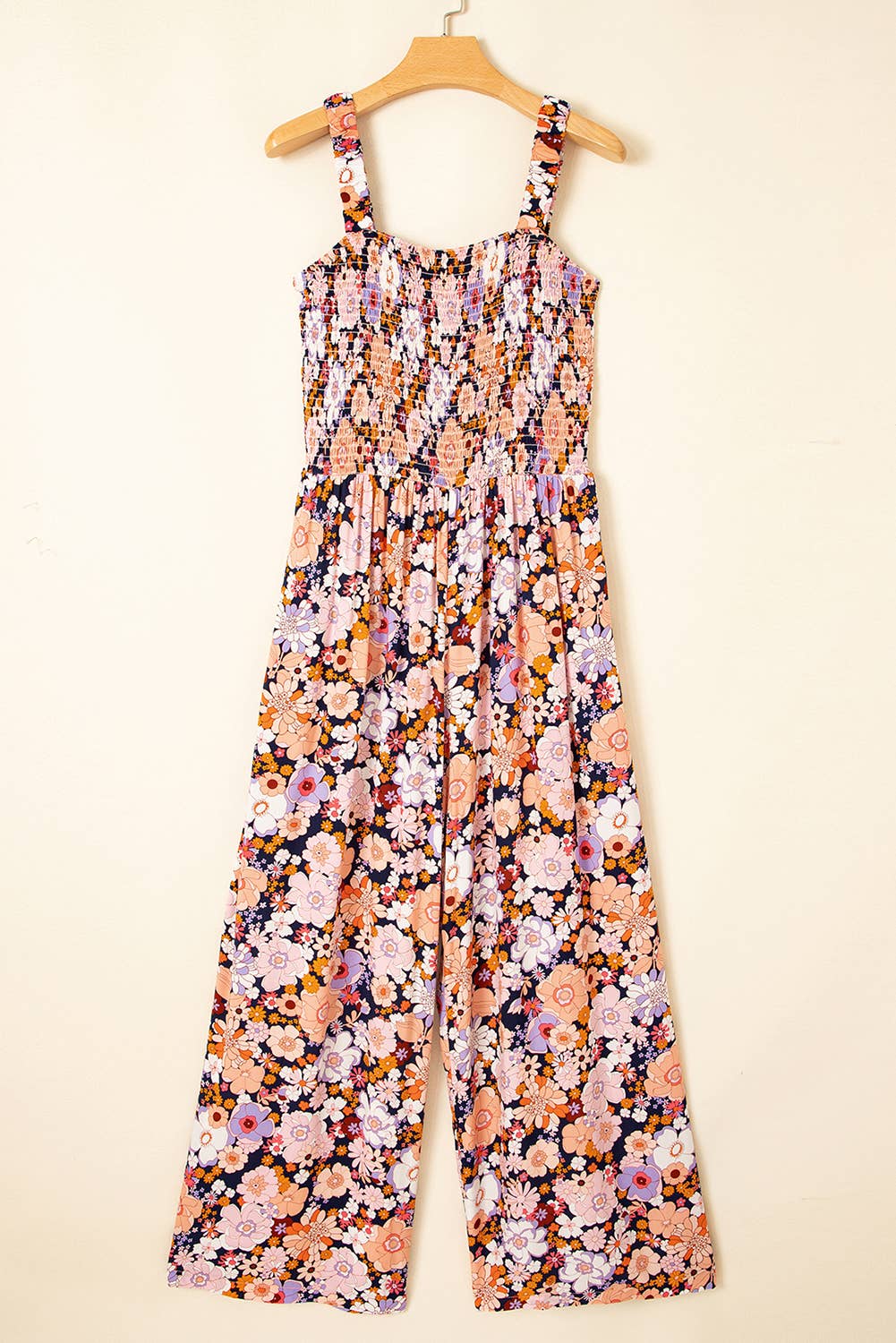 Boho Floral Print Smocked Jumpsuit/Wide Straps, Pockets and Wide Flare Legs - Sizes Sm-2X