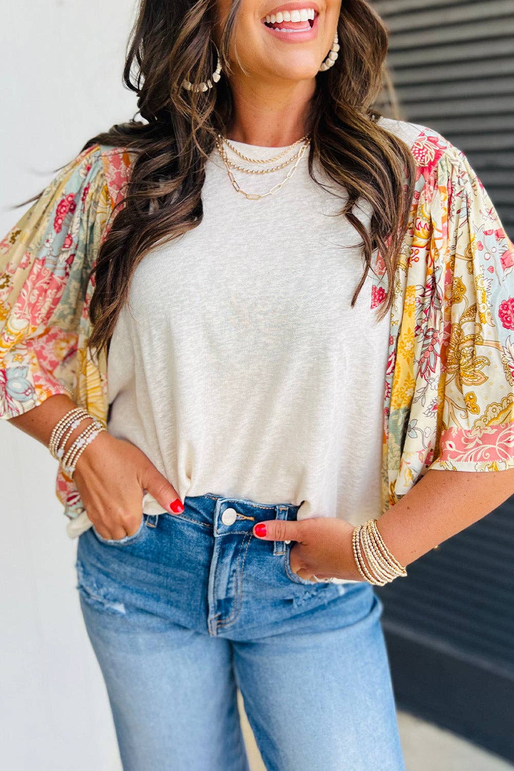 Beige Boho Floral Patchwork Half Batwing Sleeve Blouse