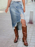 Distressed Bottom Denim Midi Skirt / Small - XL
