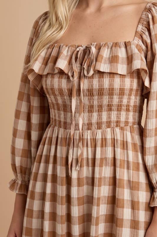 Cottage Gingham Smocked Maxi: Brown / Checkered - Small - Large