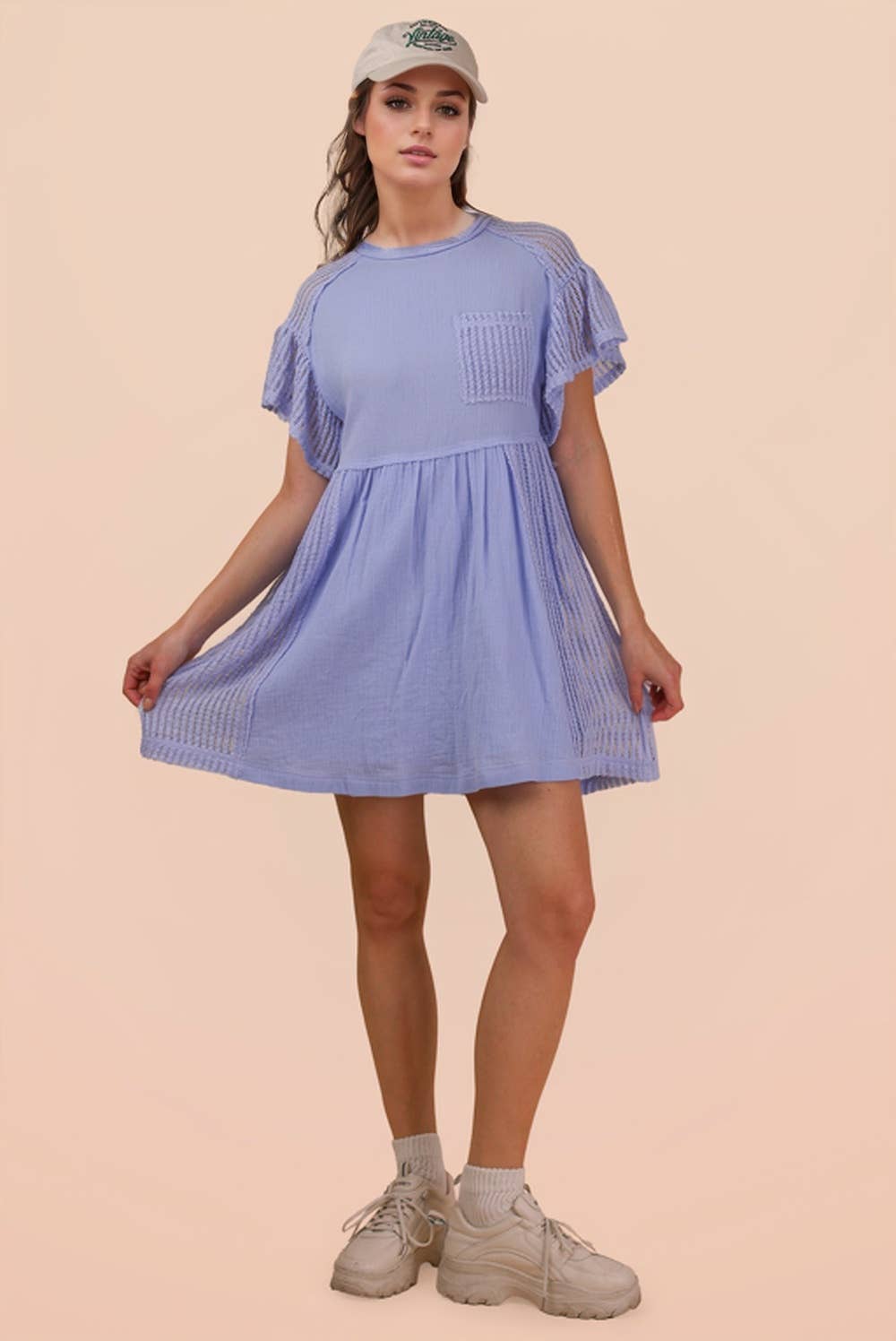 Waffle Knit Contrast Solid Comfy Mini Dress: BLUE / S-M-L/