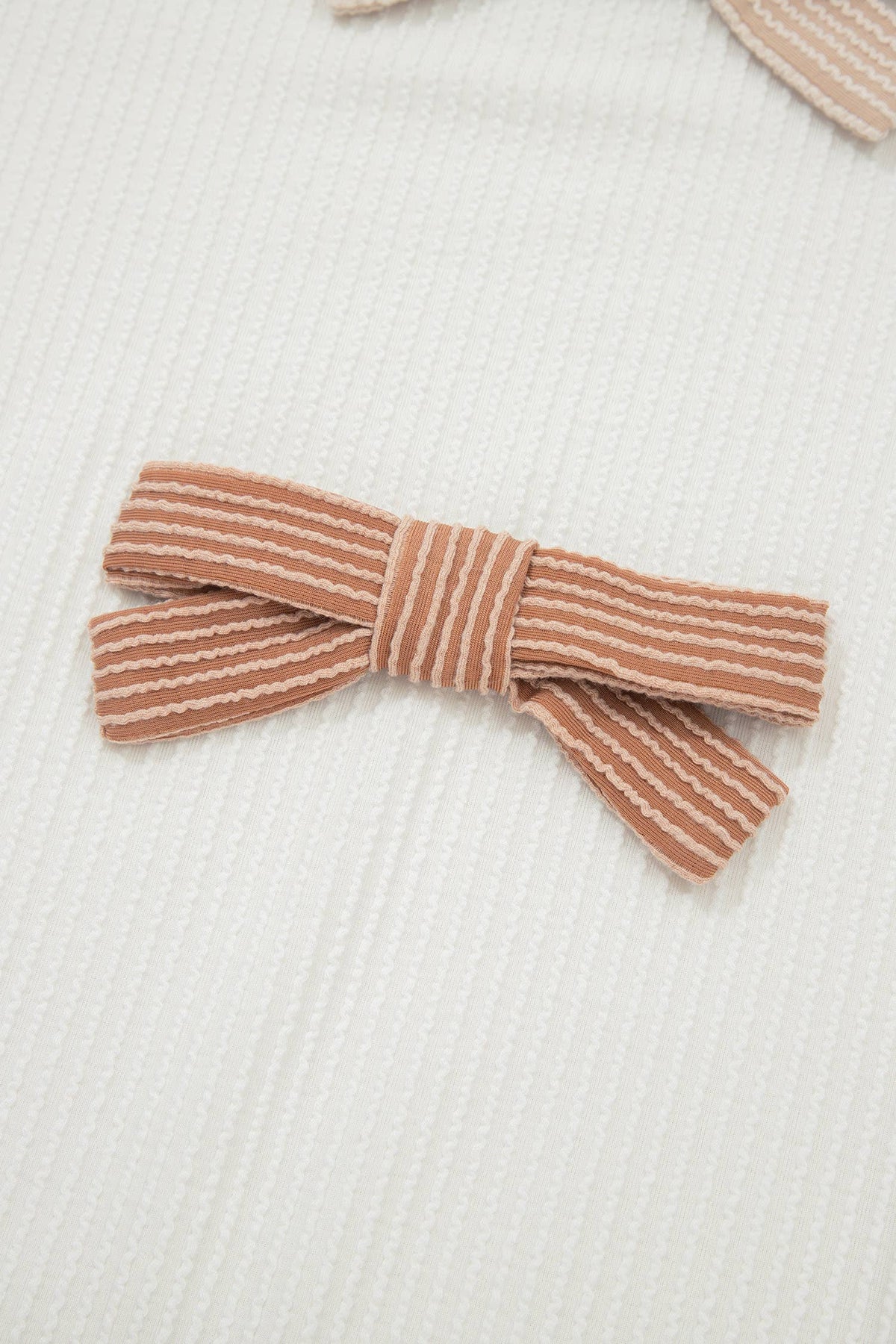 Bowknot Applique Ribbed Top: Beige / Plus /1X-4X/