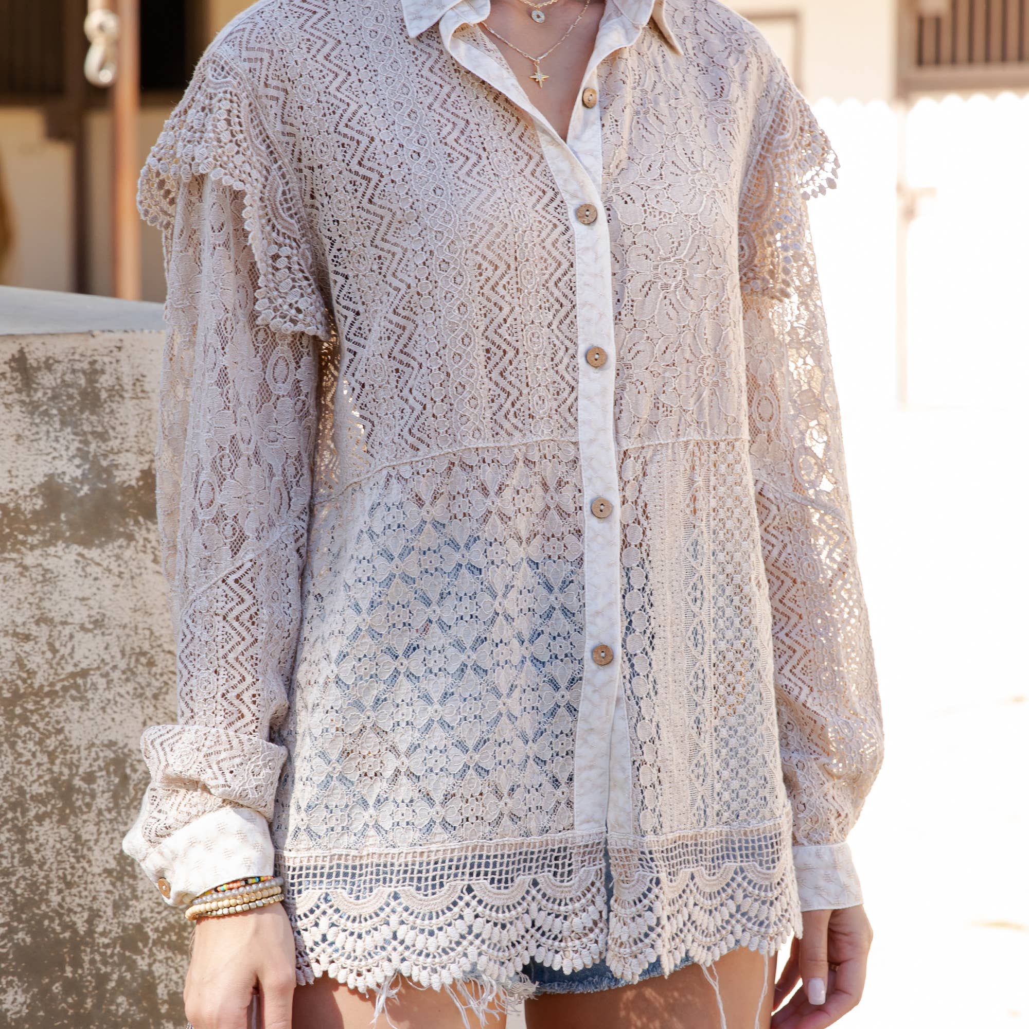 Young Threads Desert Dream Rhapsody Shirt All Lace Ruffle Shoulder Button Front: LATTE / Sizes Small - 3X!