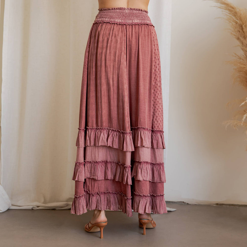 Young Threads: Rustic Textured Smocked Waist Ruffled Tiered Maxi Skirt: Gray / Small - 3X