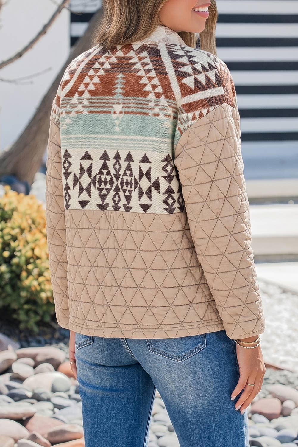 Quilted Patchwork Western Fashion Jacket: Light French Beige Size Small - XL