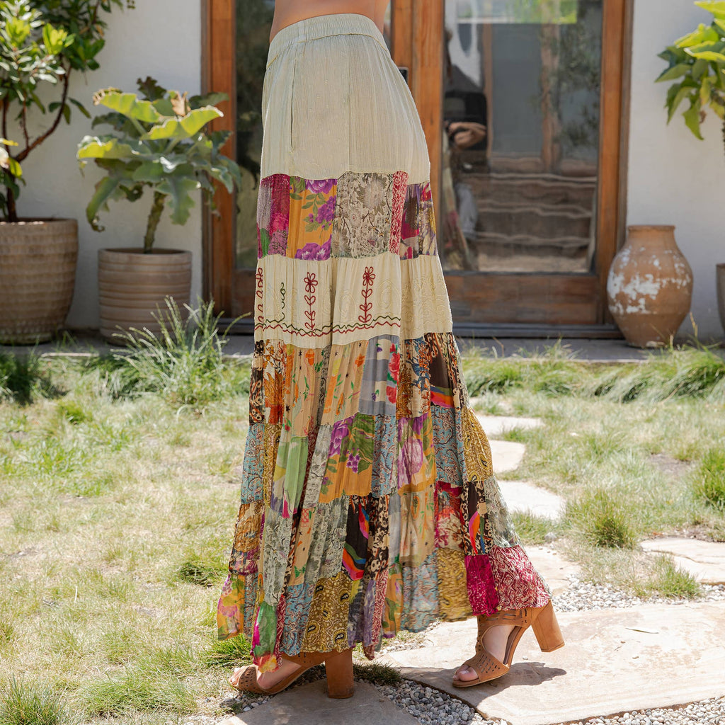 Young Threads - Boho Artisan Tiered Patchwork Wide-Leg Pants: Moss - Sizes Small - XL