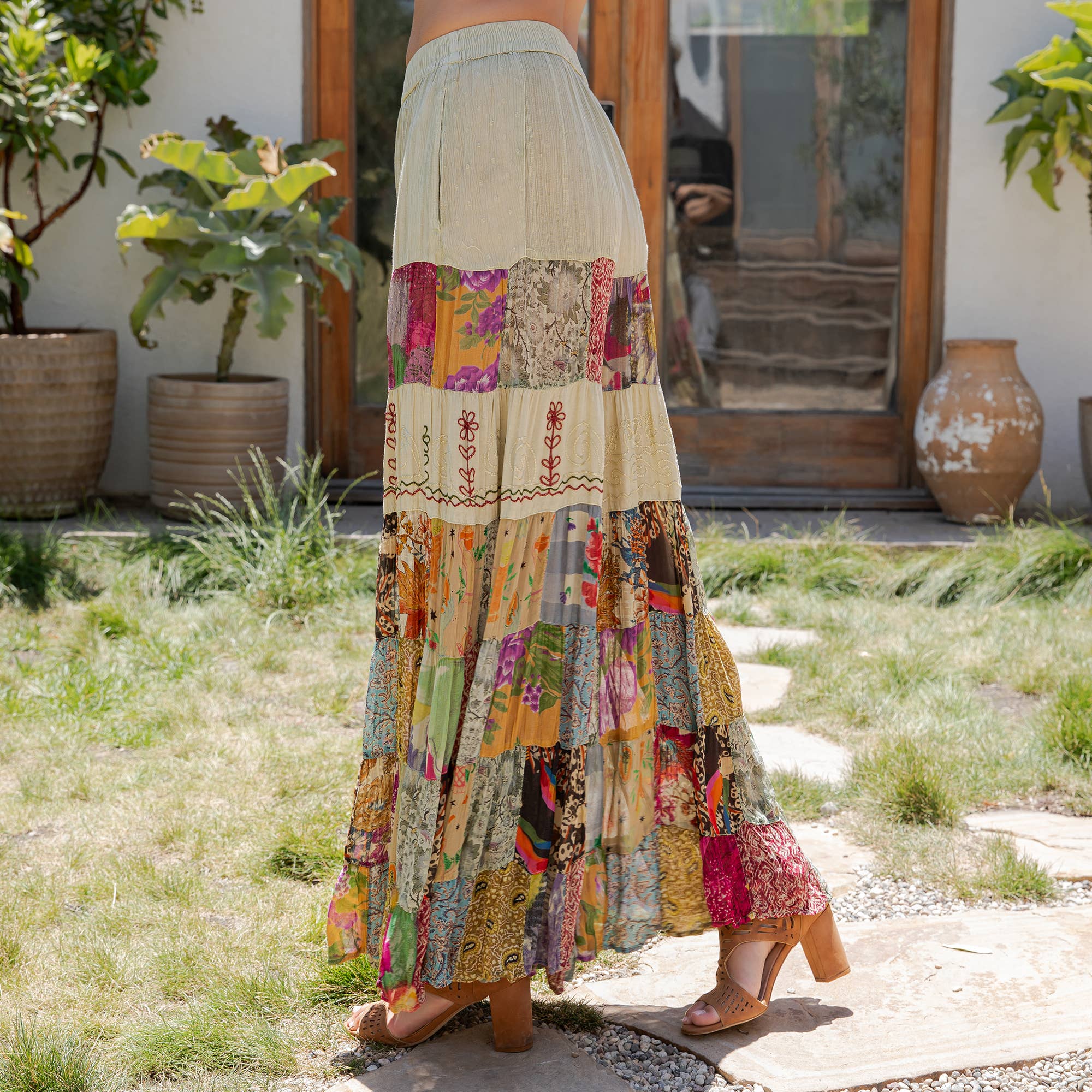 Young Threads - Boho Artisan Tiered Patchwork Wide-Leg Pants: Moss - Sizes Small - XL