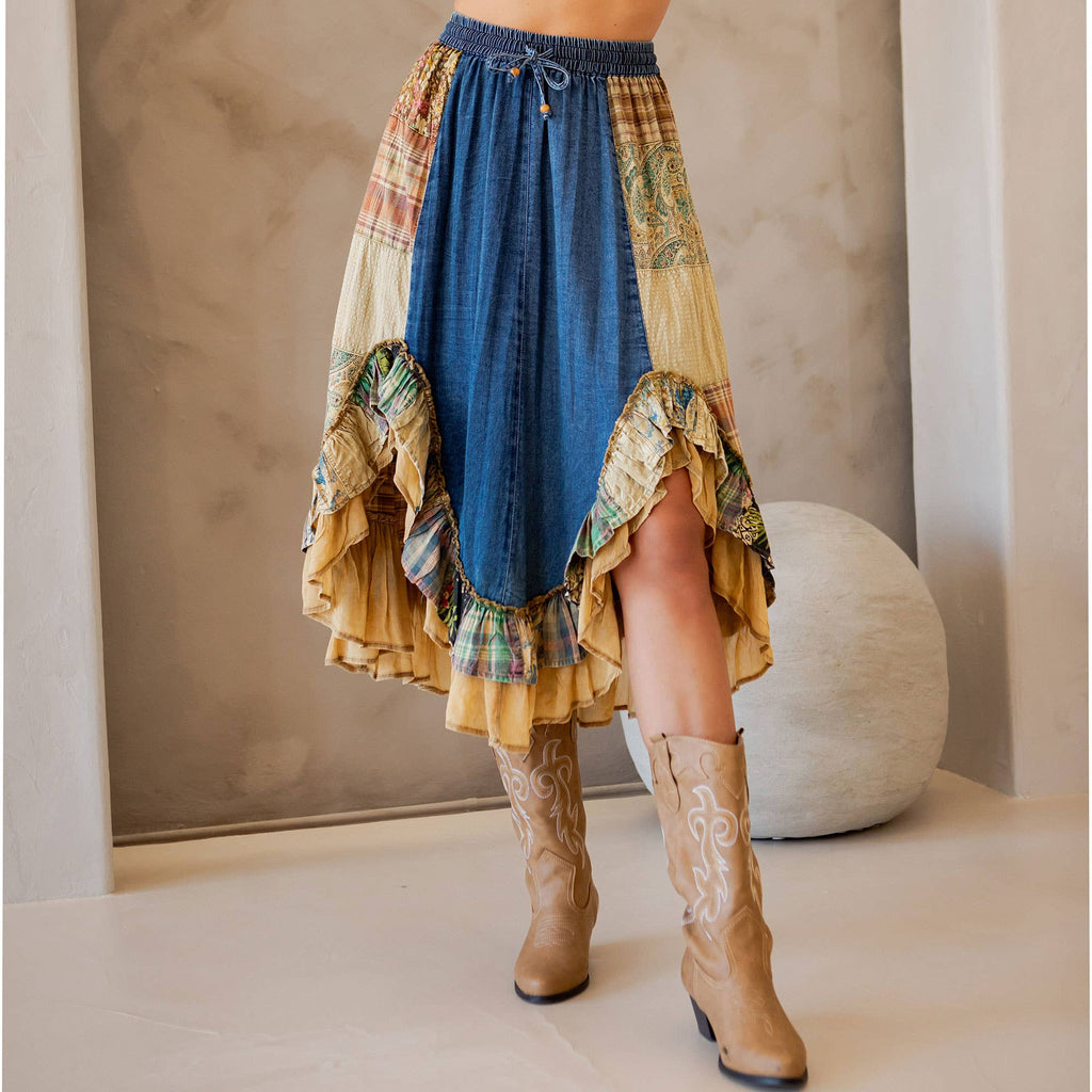 Young Threads: Western Boho Chic: Patchwork Midi Skirt : DENIM / Sizes Small - XL