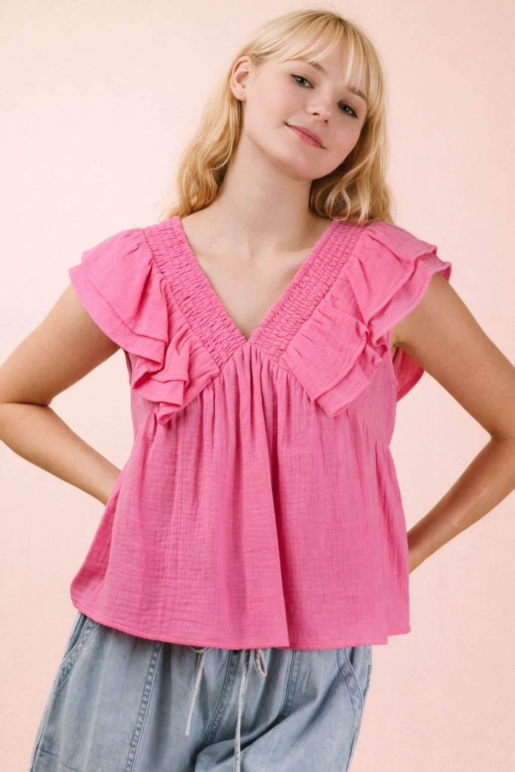 NT12130-Smocking Detail Ruffle Sleeve Cotton Gauze Top: PINK / S-M-L/