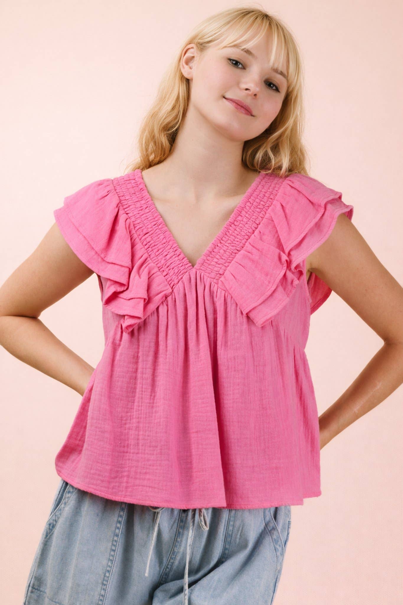 NT12130-Smocking Detail Ruffle Sleeve Cotton Gauze Top: PINK / S-M-L/