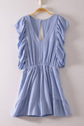 Ruffled Sleeve Romper with Teardrop Back Cutout Detail: Blue/Yellow/Pink** SUMMER SALE!!! ** Sizes Small - Large!