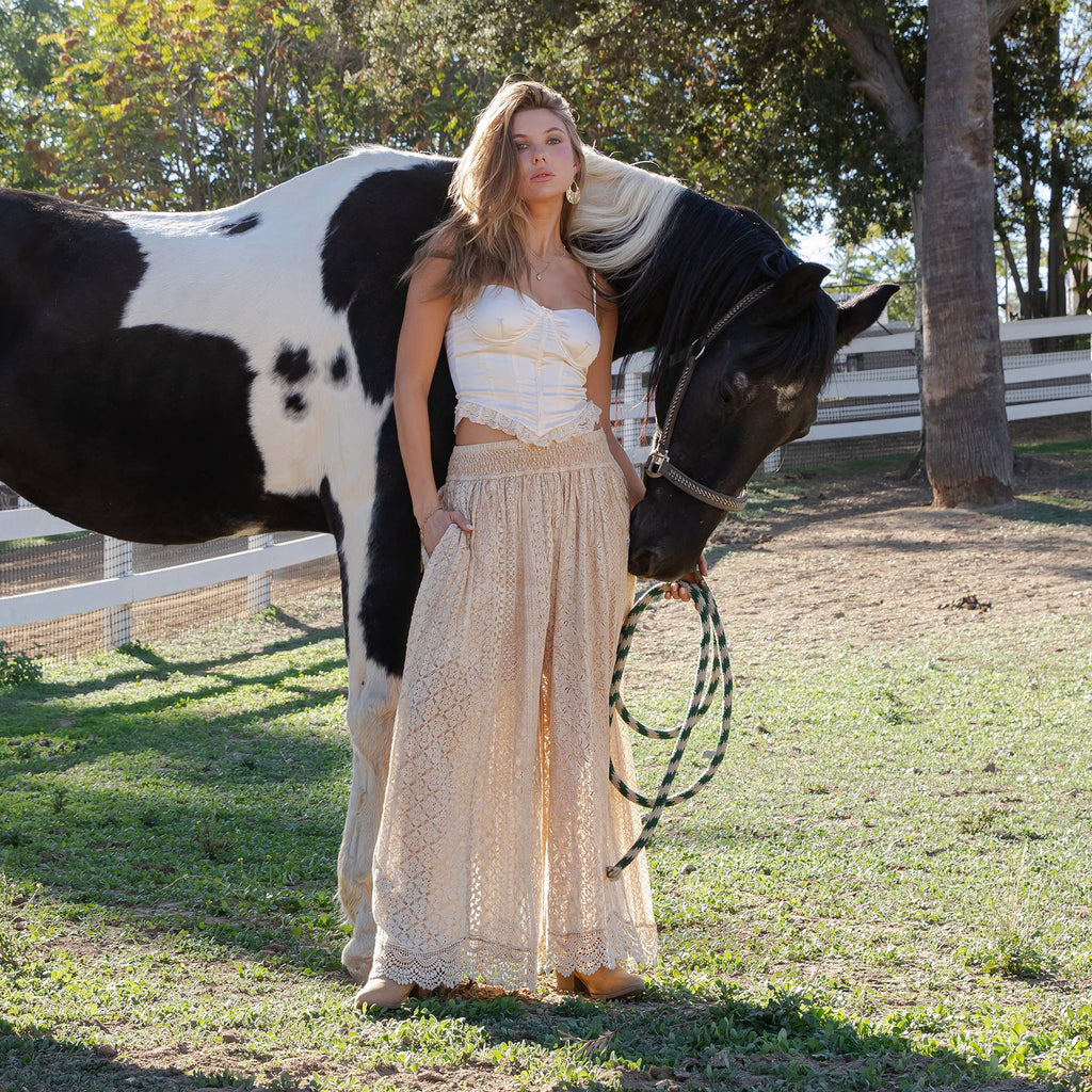 Young Threads - Desert Dream Boho Wide Leg All Lace Pants: LATTE / Sizes Small - XL