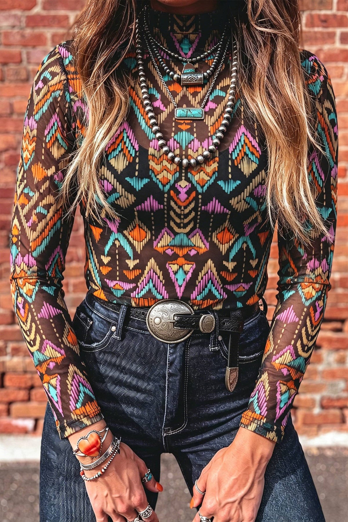 Aztec Pattern Mock Neck Mesh Sheer Layering Top / L